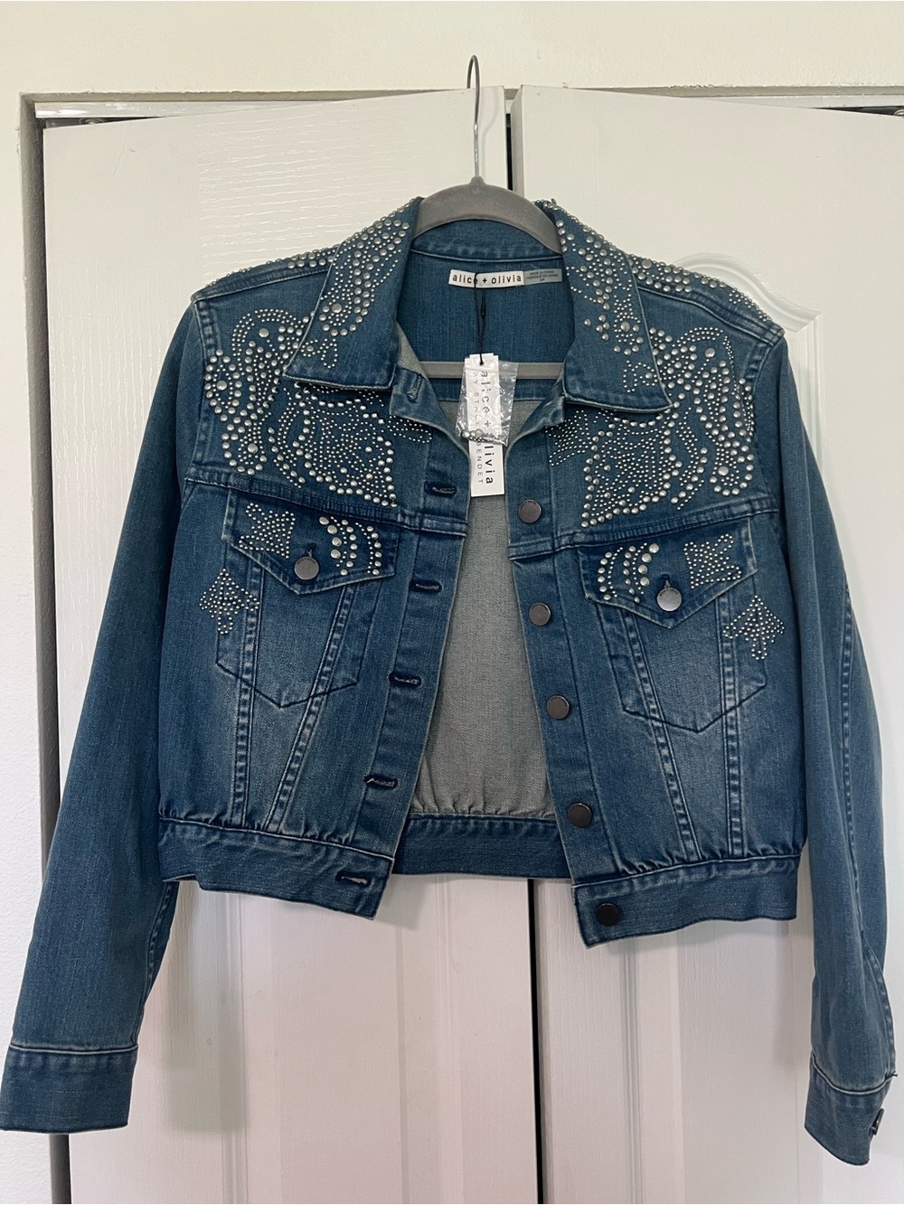 alice + olivia Embellished Light Was Denim Jacket
